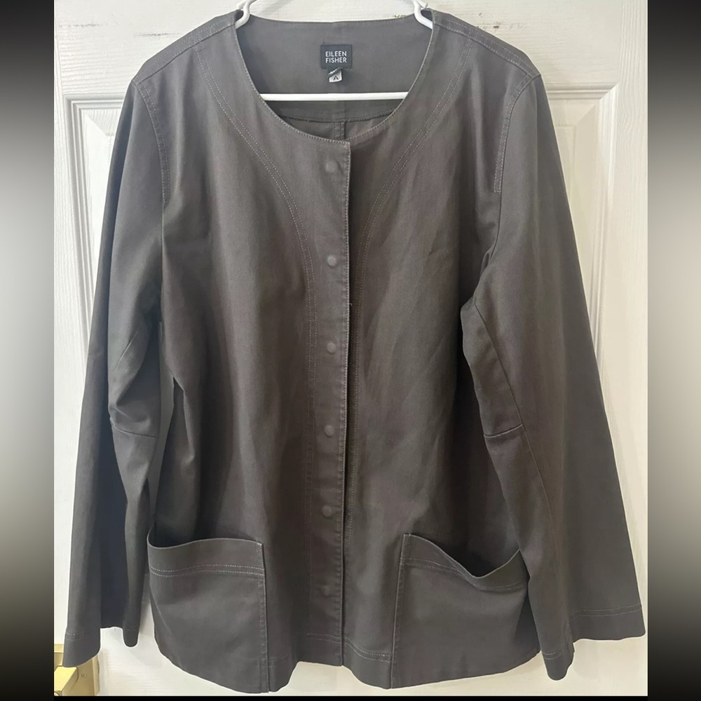 Eileen Fisher Womens Jacket Brown Hidden Buttons Stretch Pouch Pockets XL